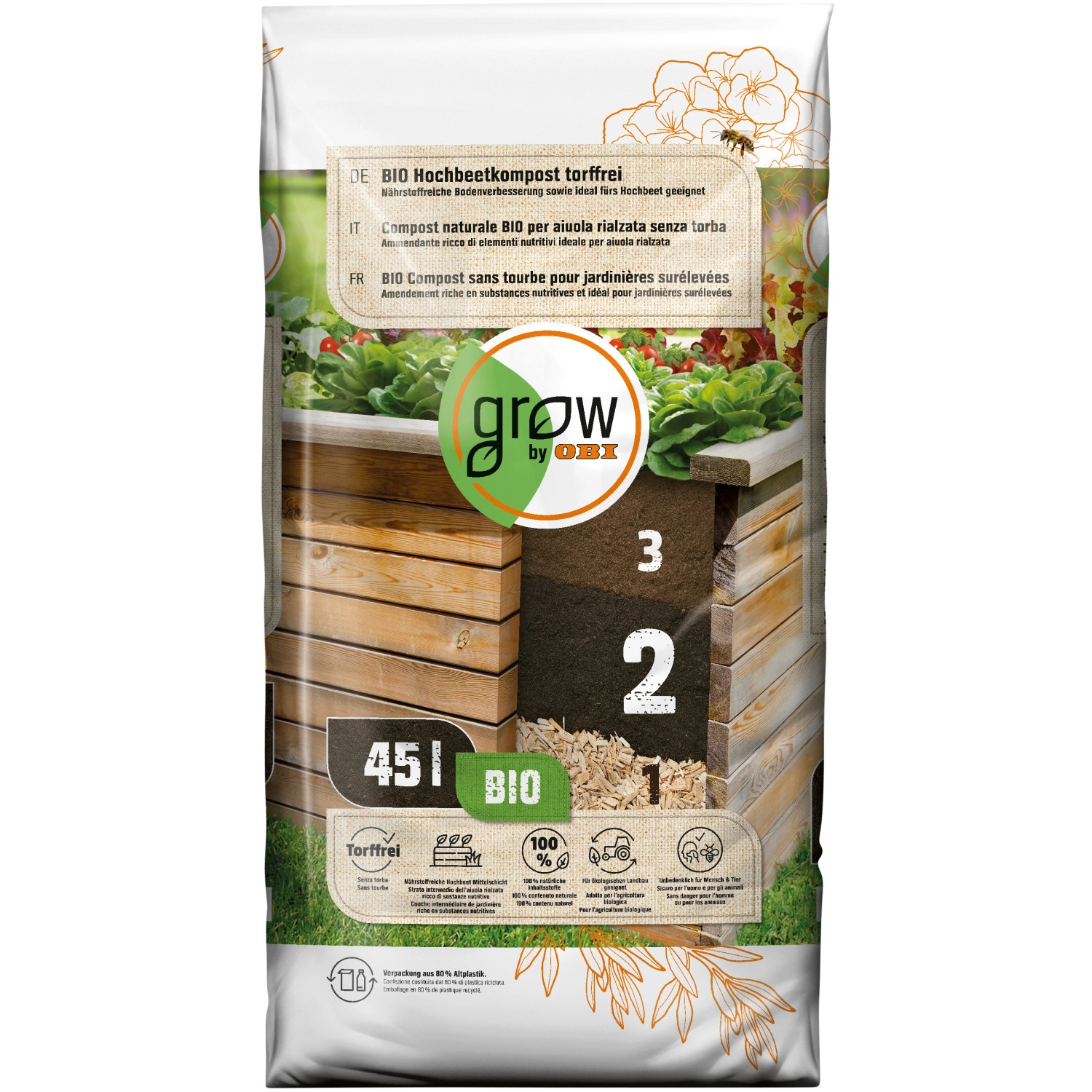 GROW by OBI BIO Hochbeetkompost torffrei, 45l