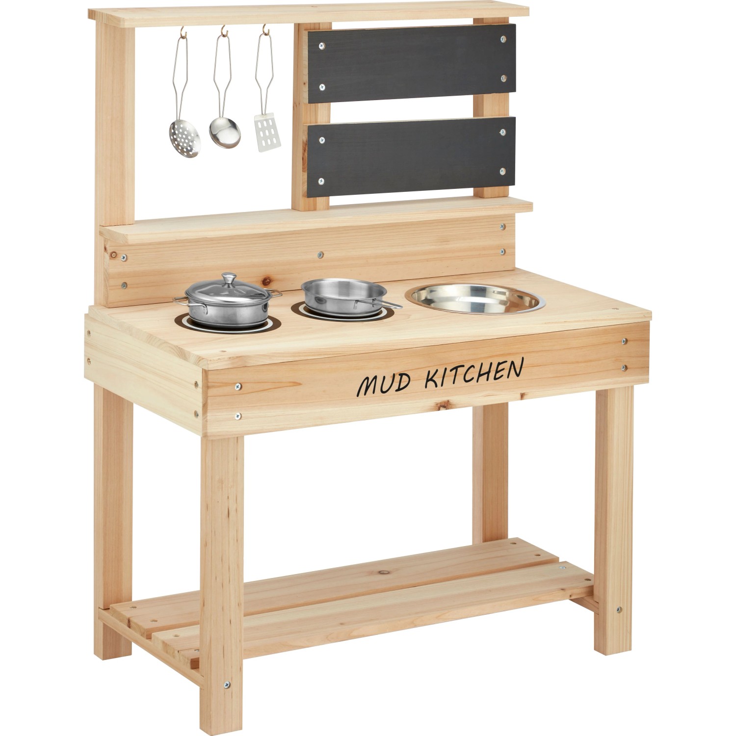 Matschküche aus Holz mit Kreidetafel und 7-teiligem Küchen-Set für Kinder.