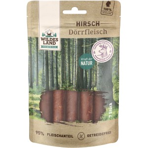Wildes Land Hunde-Snack Hirsch Dörrfleisch, 150g Packung mit 7 Stück