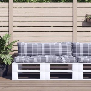Graue Palettenkissen mit Karomuster, 2-teiliges Set für Sitz und Rücken, auf weißem Palettensofa im Garten.