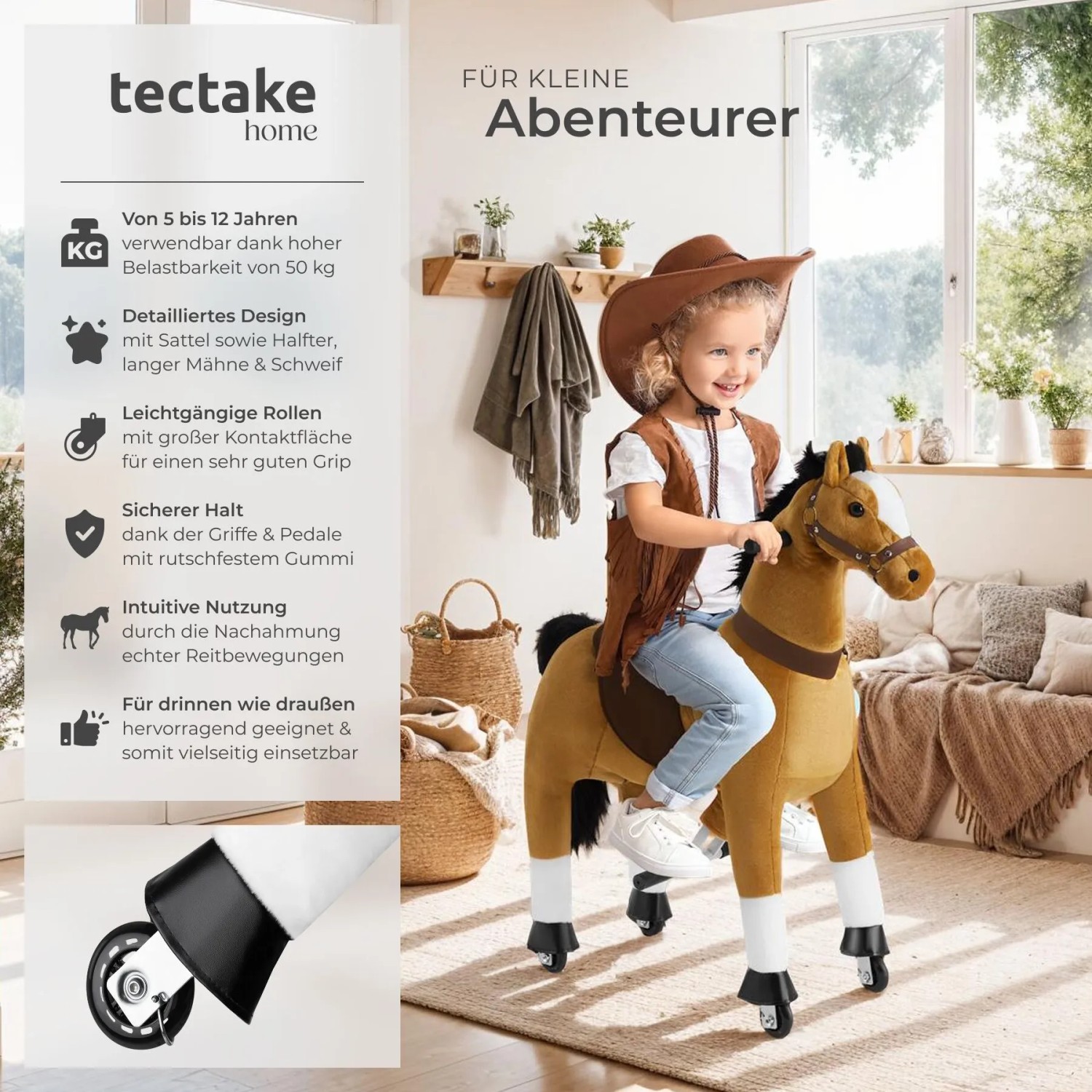 Tectake Schaukelpferd auf Rollen, hellbraun, mit Kind im Cowboykostüm.