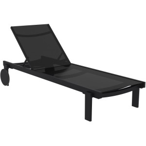 Schwarze Sonnenliege aus Metall mit Textilbezug, verstellbarer Rückenlehne und Rollen. Robuste Gartenliege.