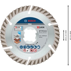 Bosch X-Lock Diamanttrennscheibe 115 mm. Silberne Scheibe mit Diamantsegmenten für Winkelschleifer zum Schneiden.