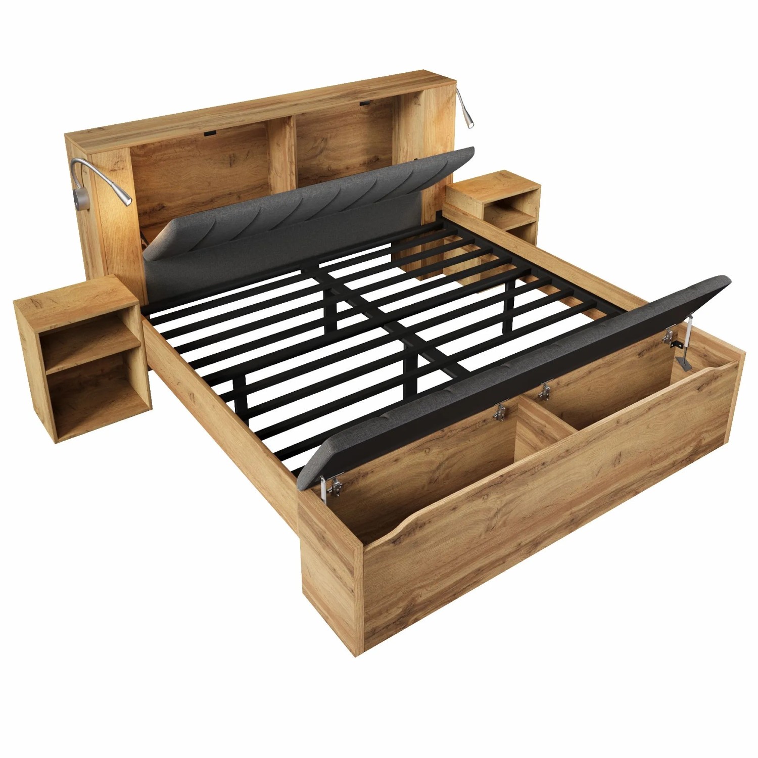 Merax Doppelbett 180x200cm Stauraum USB Eiche Leinen