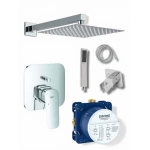 Grohe Duscharmatur-Set mit Kopf-, Handbrause, Brauseschlauch und Unterputz-Einbaukörper.