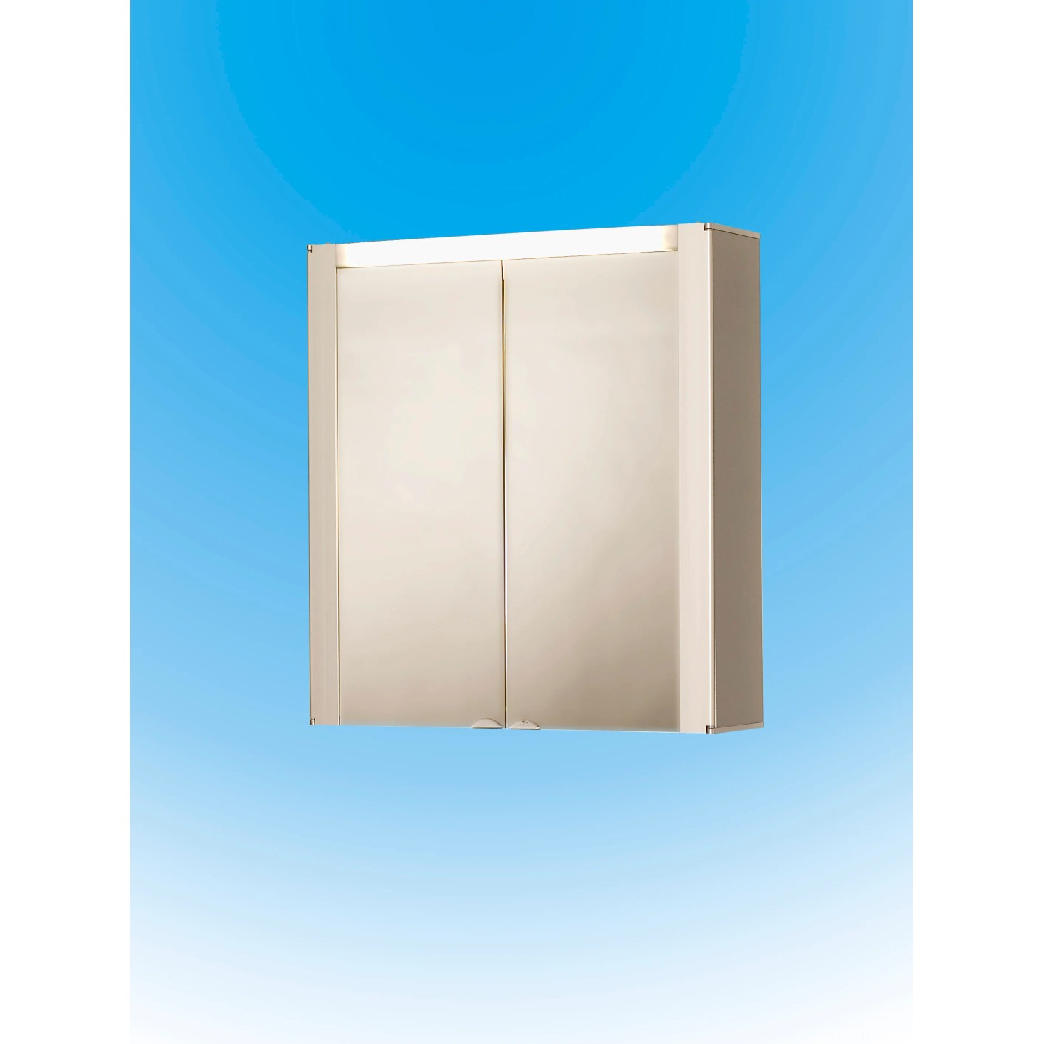 Jokey Spiegelschrank, 63 cm breit, in Alu-Optik mit zwei Spiegeltüren und Beleuchtung.