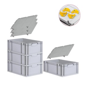 PROREGAL Spar Set: 4 graue Euroboxen mit Deckel und gelben Schiebeverschlüssen. Ideal zur Aufbewahrung.