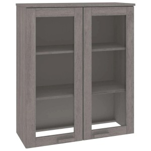 Hellgraues Highboard-Oberteil HAMAR aus Massivholz mit zwei Glastüren und Einlegeböden.