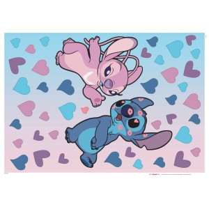 Komar Deko-Sticker Stitch in Love mit Stitch und Angel vor Herzen als Wanddekoration.