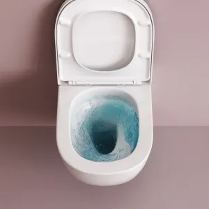 Modernes weißes spülrandloses Wand-WC mit offenem Duroplast-Sitz, AquaSpin Spülung und wirbelndem Wasser.