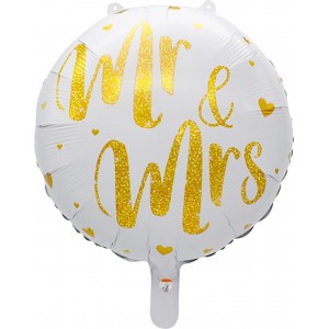 Runder, weiß-goldener Folienballon 'Mr & Mrs' für Hochzeitsdeko, Ø 42 cm.