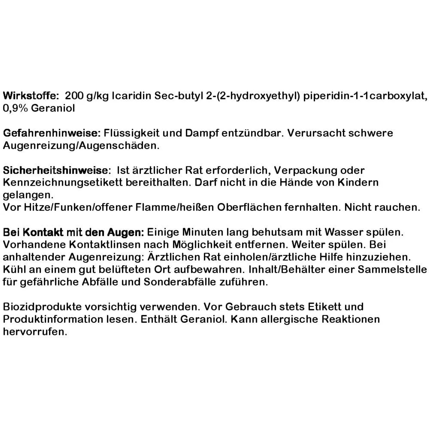 Sicherheitshinweise und Inhaltsstoffe eines Produkts mit Icaridin und Geraniol.