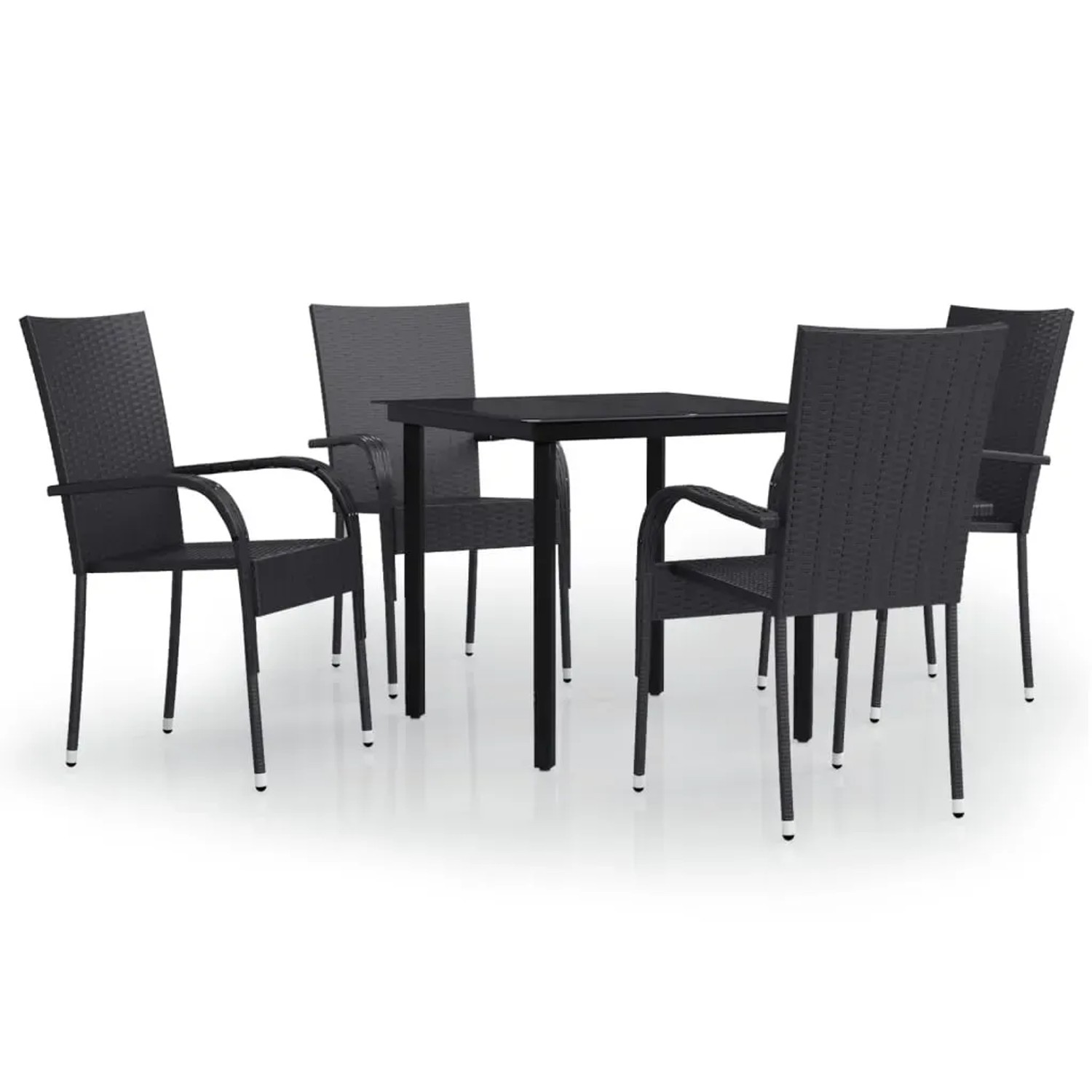 Schwarze 5-tlg. Garten-Essgruppe: Tisch mit Glasplatte und 4 Rattan-Stühle.