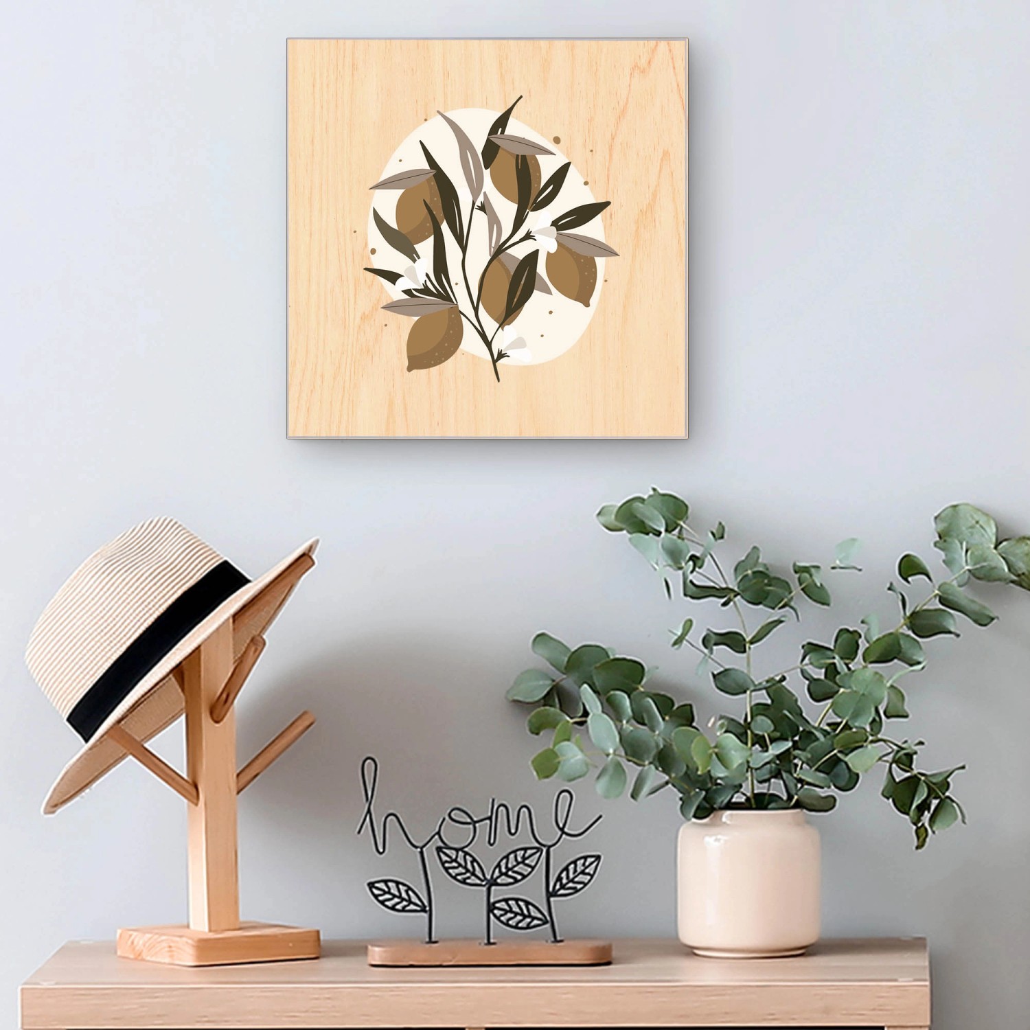 Banjado Schlüsselkasten Holz, 30x30cm, schwarz, mit Zitronenzweig Motiv und 50 Haken zur Schlüsselaufbewahrung.