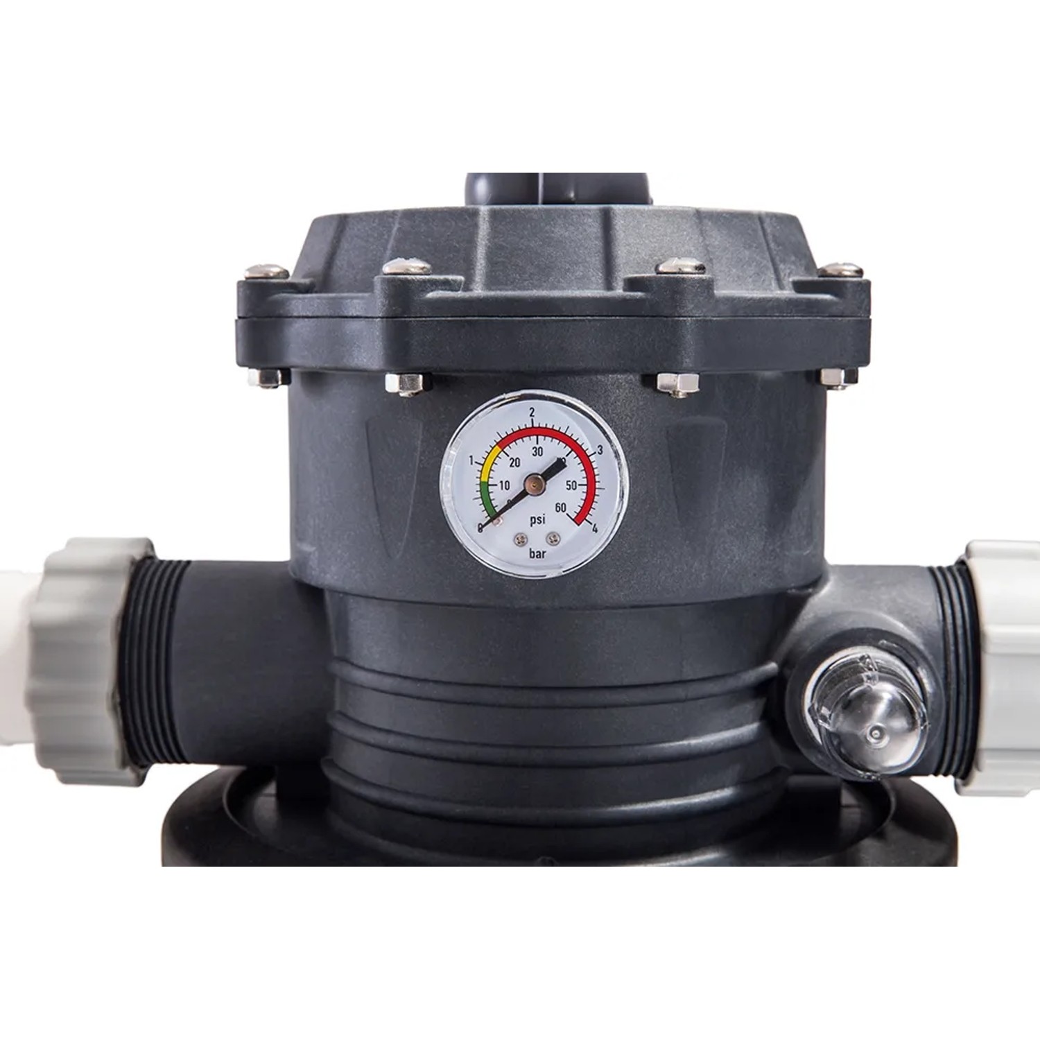 Detailaufnahme der Krystal Clear Sandfilteranlage SF60220-2 für Pools, Fokus auf Manometer.