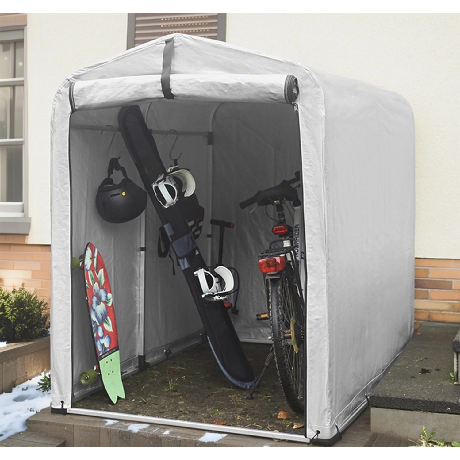 SoBuy Foliengarage KLS11 mit Fahrrad, Snowboard und Skateboard.
