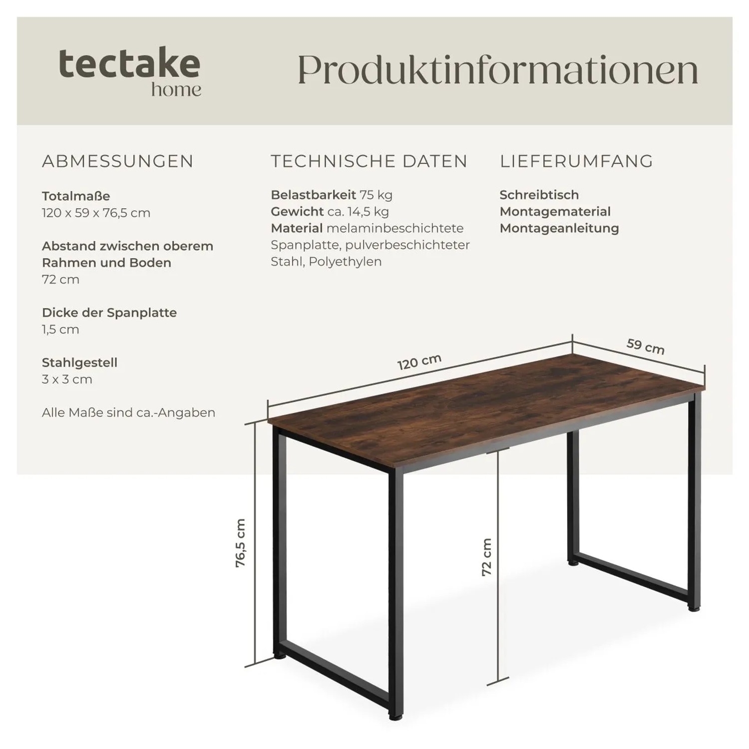 Tectake Schreibtisch Flint im Industrial Style mit Holz- und Stahl-Elementen.