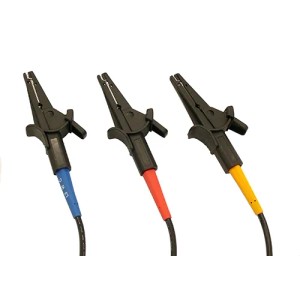 PCE Instruments Drehfeldtester PI1 mit Krokodilklemmen in blau, rot und gelb.