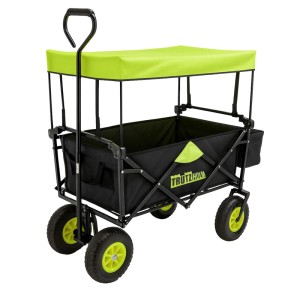 Faltbarer, schwarzer TRUTZHOLM Bollerwagen mit hellgrünem Dach und Vollgummi-Rädern.