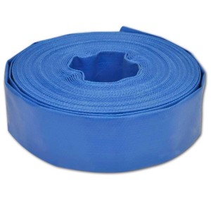 Blauer vidaXL Flachschlauch 50 m aus PVC und Polyester, aufgerollt. Ideal für Wasserpumpen und Bewässerung.