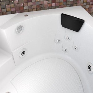 Detailansicht der AquaVapore Whirlpool Badewanne W05 140x140cm mit Düsen und Nackenkissen.