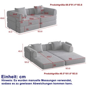 Beiges PXloue Schlafsofa 2-Sitzer, modular, Chenille. Zeigt Sofa- und Bettfunktion mit Maßen.