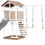 Axi Beach Tower Spielturm mit Doppelschaukel und grauer Rutsche, aus Holz in Braun und Weiß.