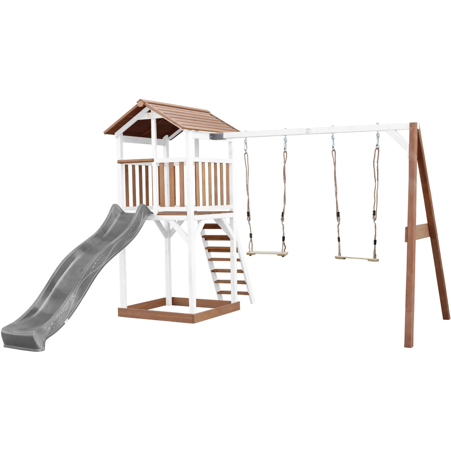 Axi Beach Tower Spielturm mit Doppelschaukel und grauer Rutsche, aus Holz in Braun und Weiß.