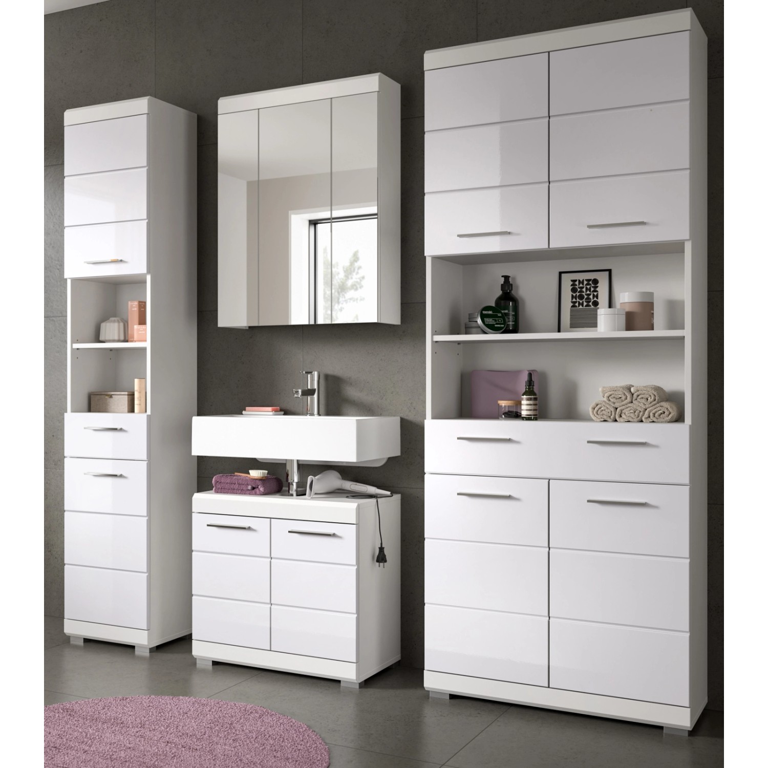 Inn.Furn Badmöbel Set 4-teilig in Weiß Hochglanz 200 cm Shawn günstig online kaufen