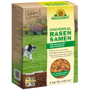 Neudorff Universal-Rasensamen 2 kg für Neuanlage und Nachsaat. Schnellkeimend, dichter Rasen, mit farbigen Samenansicht.
