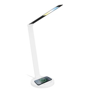 Weiße Brilo LED Schreibtischleuchte Cuma mit induktiver Ladefunktion und Touch-Dimmer.