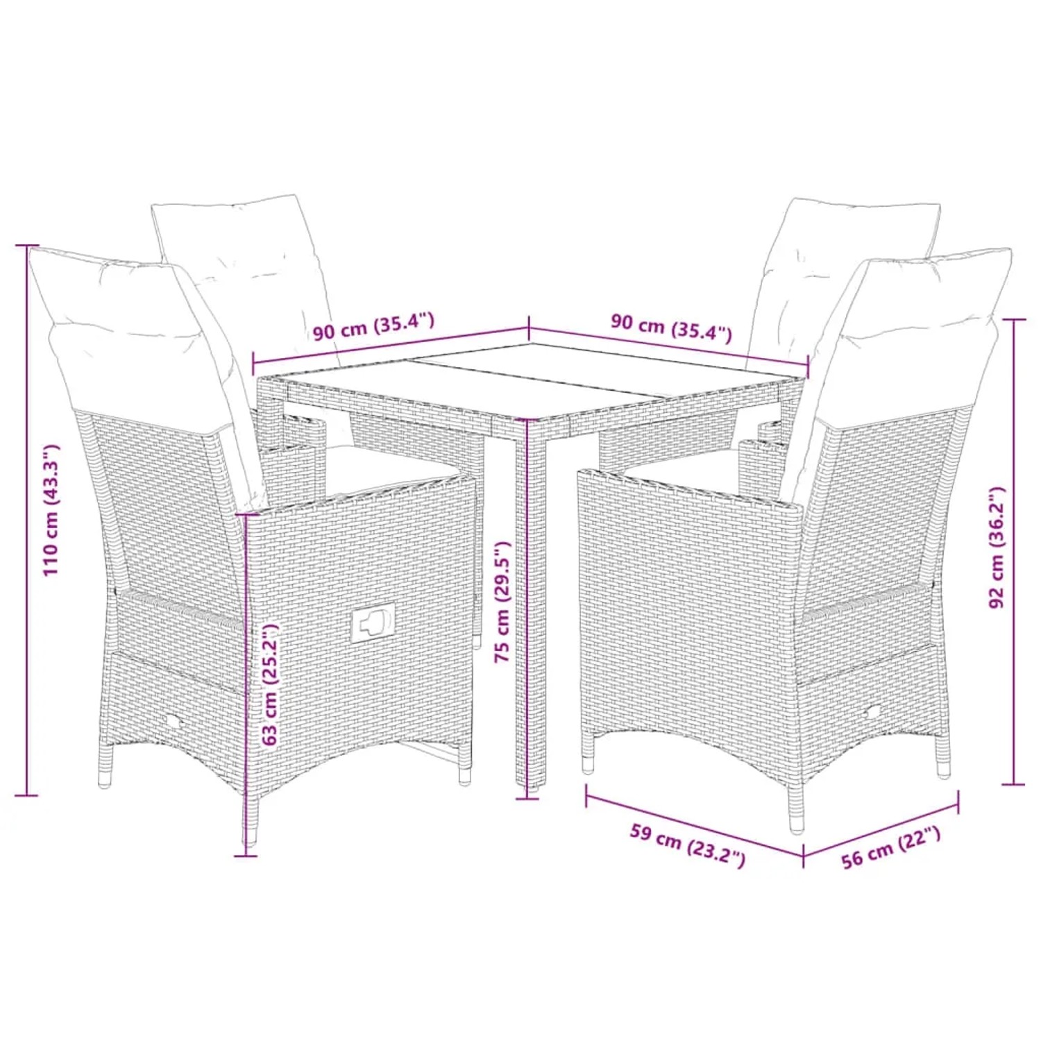 vidaXL 5-tlg. Garten Essgruppe aus Polyrattan, schwarz, mit Tisch, Sesseln und Kissen.