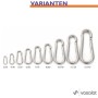 Varianten von Edelstahl Karabinerhaken in verschiedenen Größen. Robuste Sturmhaken mit Schnappverschluss für Befestigungen.