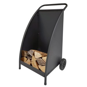 Schwarzer Firefix Holzwagen mit Rädern, gefüllt mit Holzscheiten. Zubehör für Kamin und Ofen.