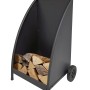 Schwarzer Firefix Holzwagen mit Rädern, gefüllt mit Holzscheiten. Zubehör für Kamin und Ofen.