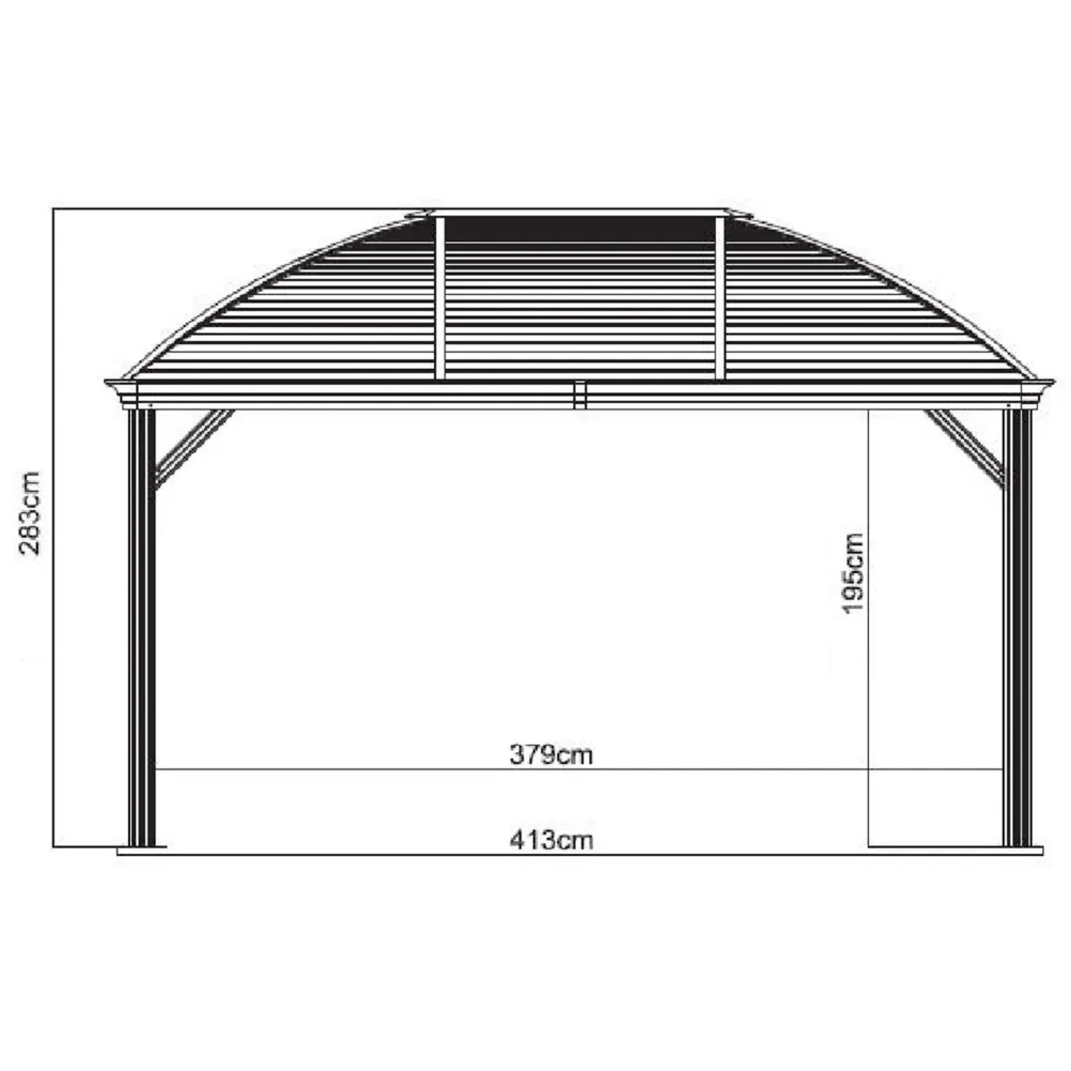 Skizze des anthrazitfarbenen Sojag Aluminium-Pavillons Moreno 10x14 mit Maßangaben.