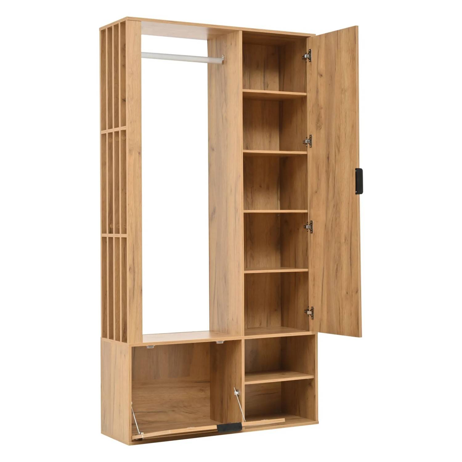 Okwish Garderobenschrank Mit 6-in-1 Aufhängung Spiegel 100x190x33cm Natur