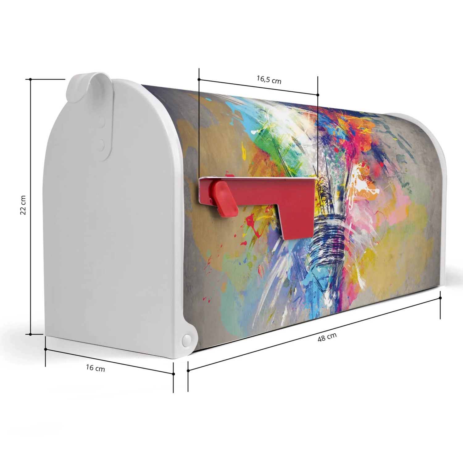 Weißer Banjado US Briefkasten mit Motiv 'Idee', 48x22x16cm, aus pulverbeschichtetem Stahl.