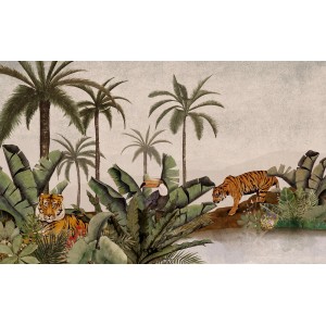 Komar Vliestapete Tiger Jungle (400x250cm) mit Tigern, Tukan und Dschungelmotiven.