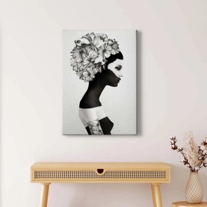 Modernes Wandbild: Frau mit Blumen, Grafik-Stil, schwarz-weiß. Leinwandbild für Wohnraum.