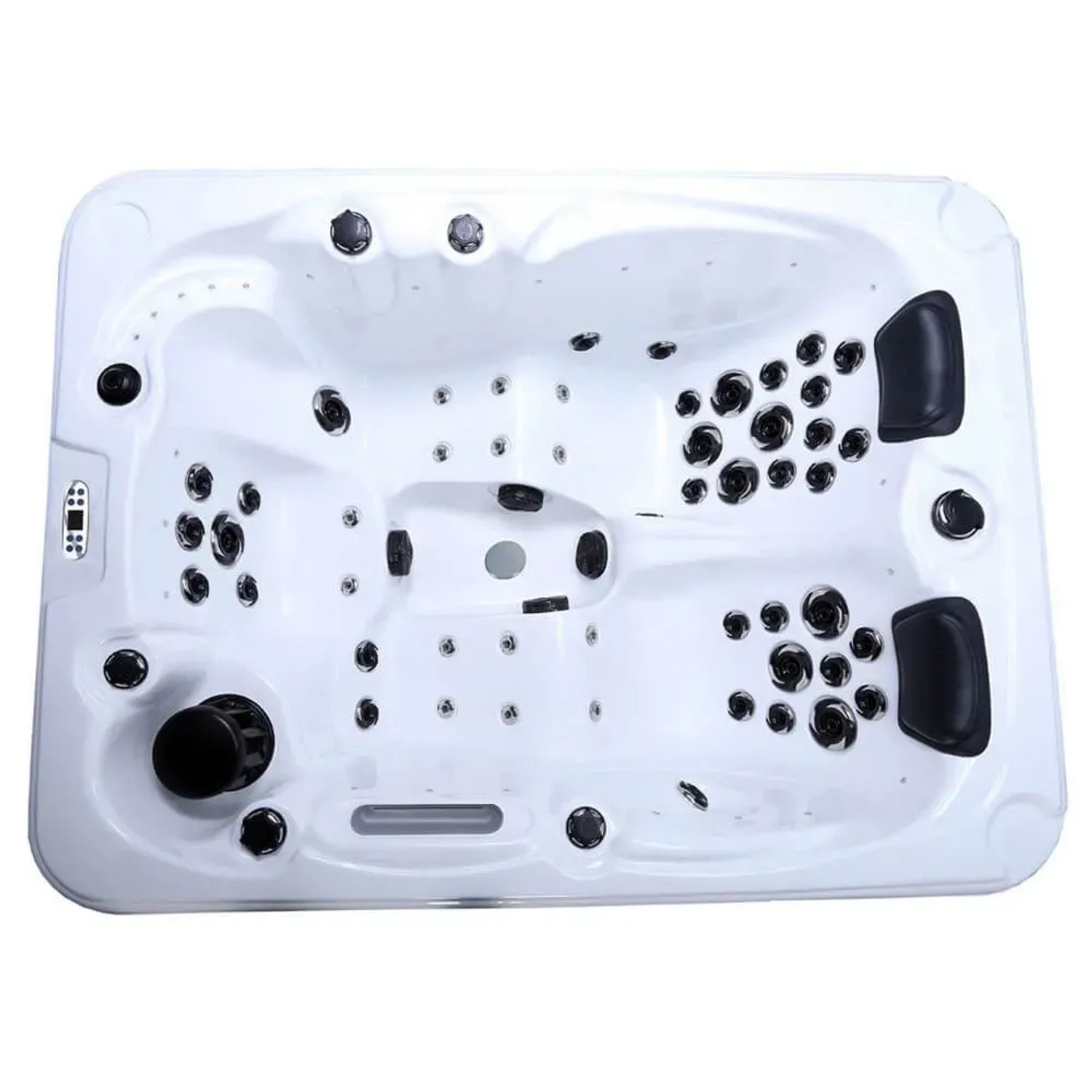 Home Deluxe Outdoor Whirlpool Beach Plus für 2 Personen, weiße Innenwanne mit schwarzen Düsen und Kopfstützen.