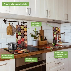 Banjado 2-teilige Herdabdeckplatte aus Glas (30x52cm) mit Zutaten-Motiv als Schneidebrett und Spritzschutz.