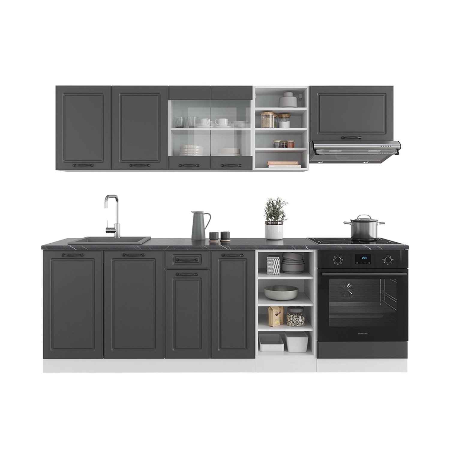 Vicco R-Line Küchenzeile Anthrazit Landhaus/Weiß 240 cm ohne Arbeitsplatte günstig online kaufen