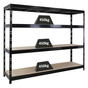 PROREGAL Profi Schwerlastregal Rhino HxBxT 180x240x60cm 4 Spanplatten-Ebenen 8mm Fachlast 450kg Schwarz Stecksystem Lagerregal Regalsystem