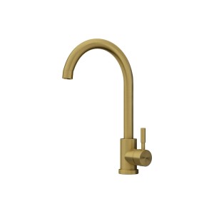Goldfarbene Küchenarmatur Romily aus Edelstahl mit gebogenem Auslauf und Einhebelmischer.