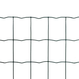 Dunkelgrüner Gartenzaun aus Maschendraht mit quadratischen Maschen. PVC-beschichtetes Stahlgitter.