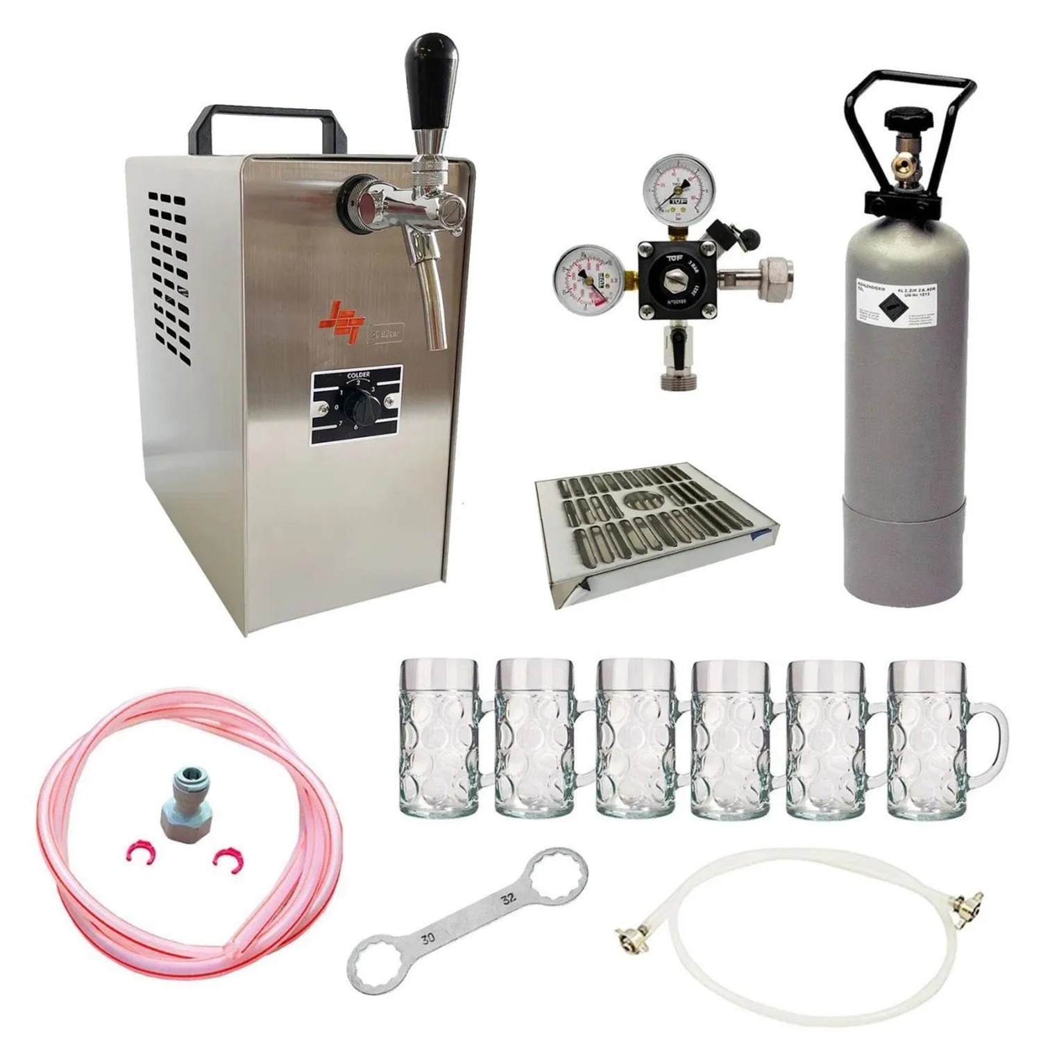 Silberne Bierzapfanlage Jet 30 mit Trockenkühler, CO2-Flasche, Druckminderer, Schläuchen und 6 Biergläsern.