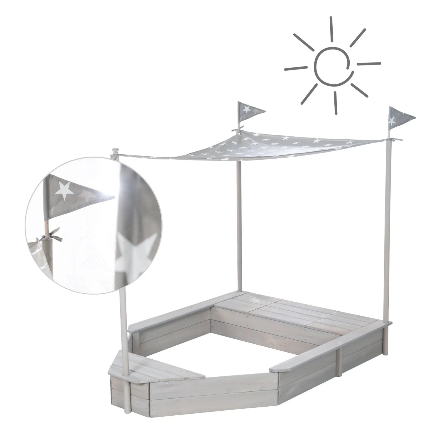Grauer roba Sandkasten in Bootform mit Sonnensegel und Little Stars Design.