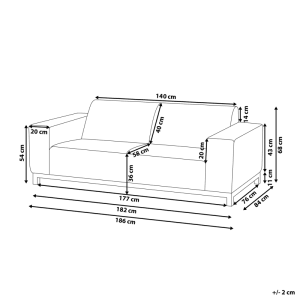 Skizze des grauen Beliani Gartensofas (84x186x68 cm) mit Maßangaben.