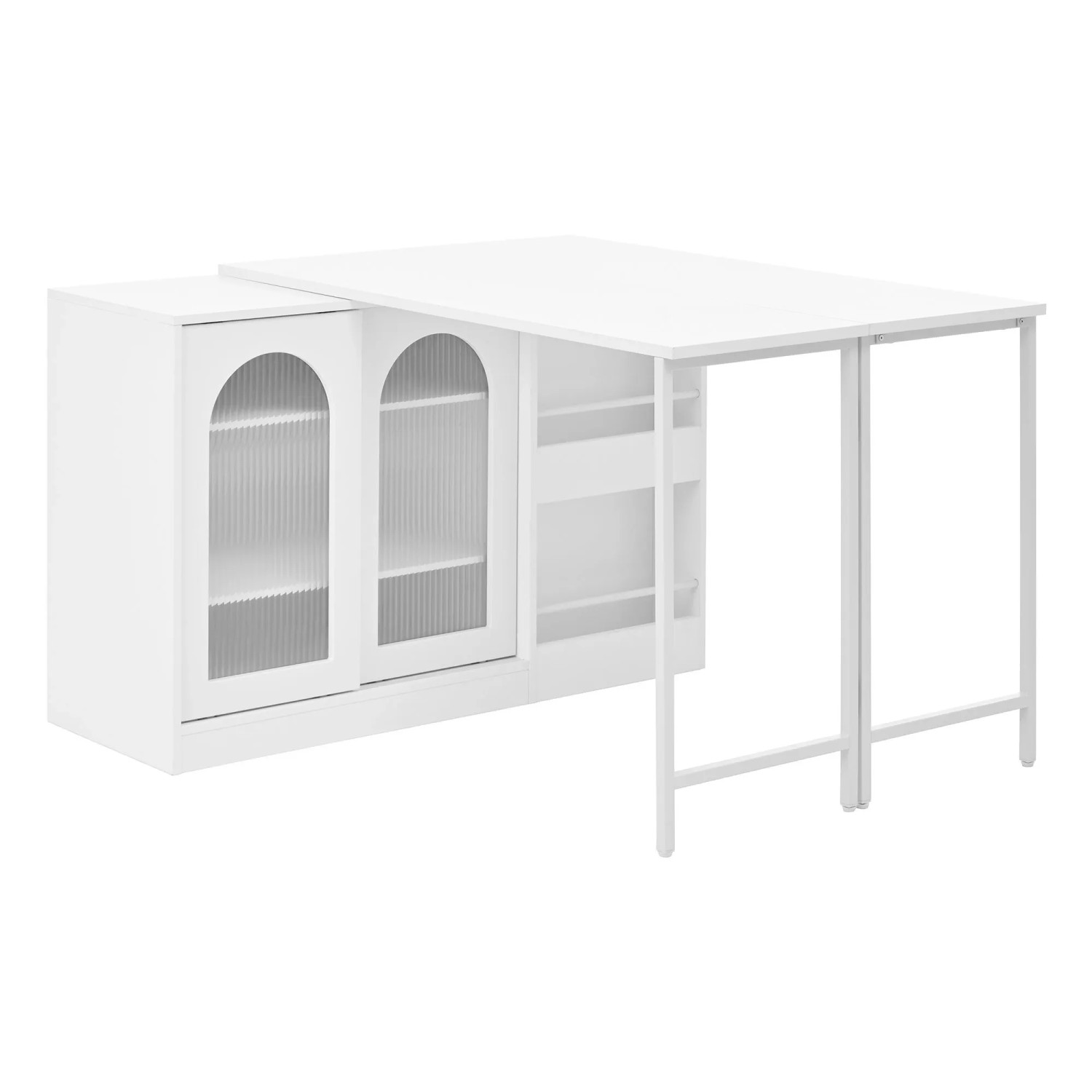 okwish Bartisch mit Ausziehbar Drehbar Stauraum Glasschranktür Küche 121.5x40x76.7cm Weiß